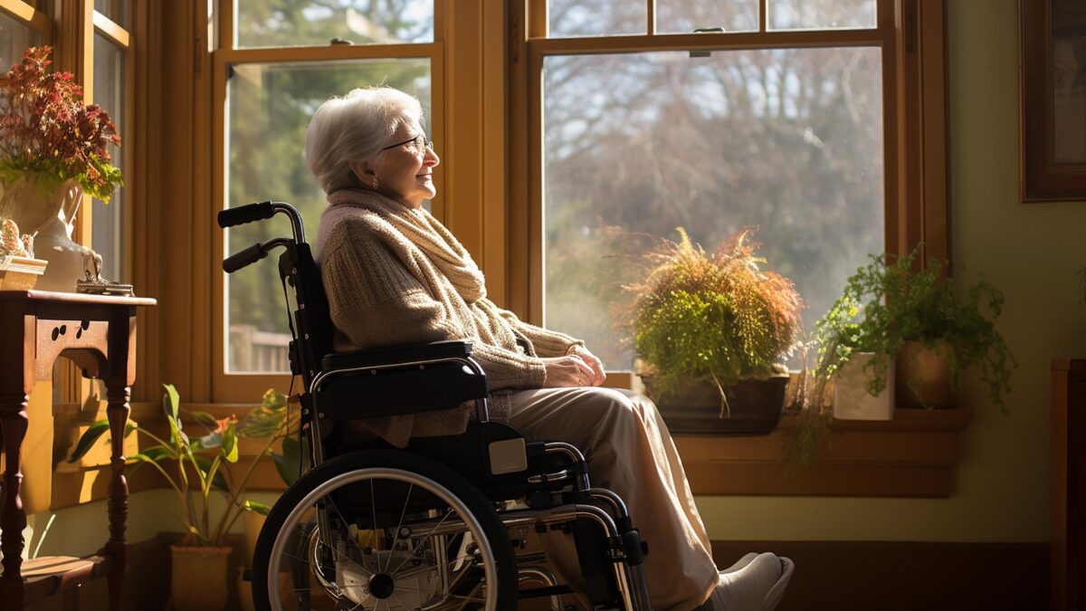 Lady in wheelchair staring outside window