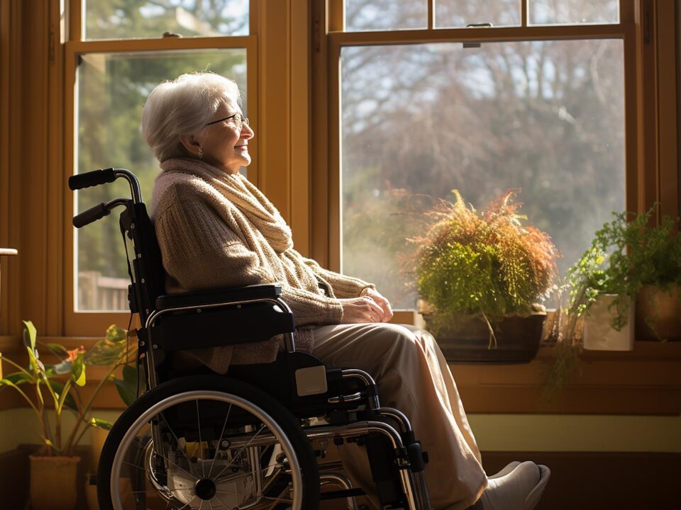 Lady in wheelchair staring outside window